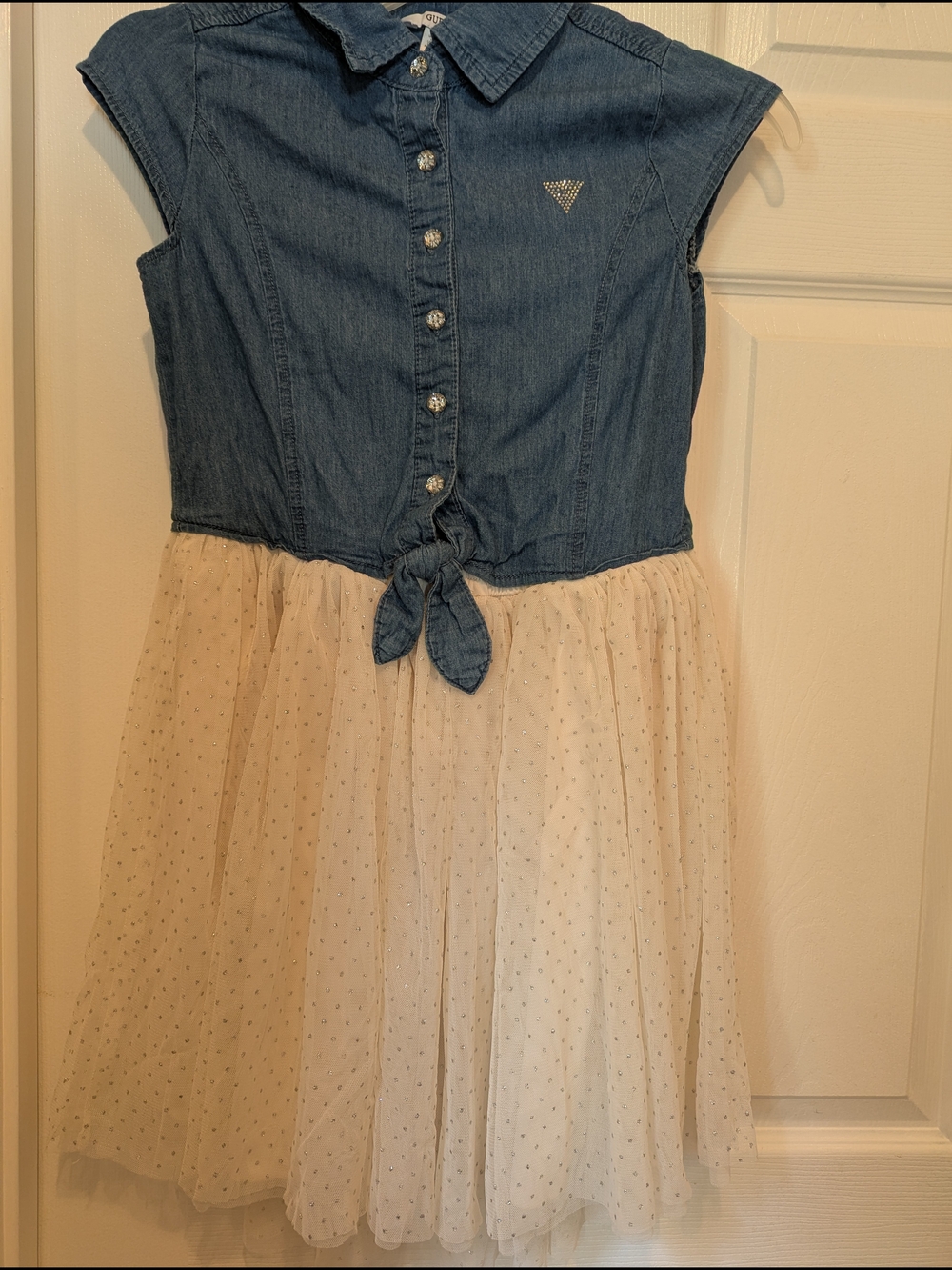 Guess Blue Denim Tie-Front Dress with Cream Polka Dot Tulle Skirt